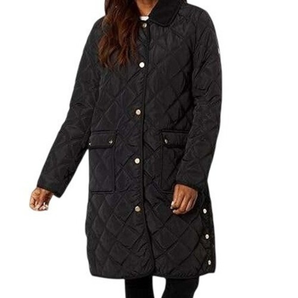Lauren Ralph Lauren Womens Quilted Walker Coat Black Faux Shearling Collar NEW